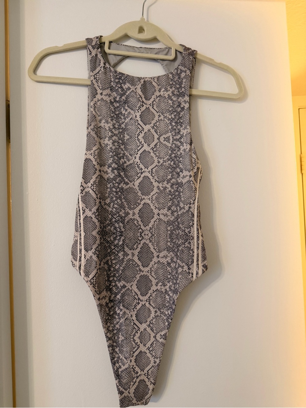 Frankie's Bikinis Snake Print High Neck Bodysuit in Gray and Cream